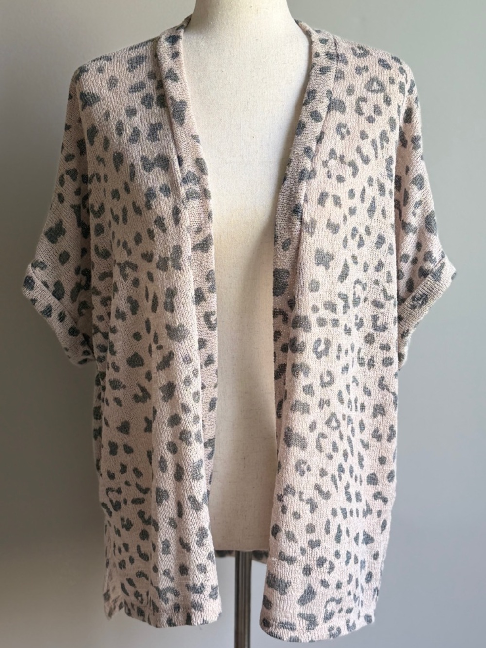 Cherish Tan and Gray Leopard Open-Front Short Sleeve Cardigan
